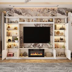 a living room with a fireplace and entertainment center in the middle, surrounded by marble walls