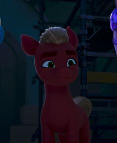 an animated character with blonde hair and blue eyes stands next to another character in a dark room