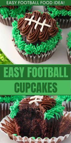 easy football cupcakes with chocolate frosting and green sprinkles