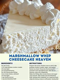 the recipe for marshmallow whip cheesecake heaven is shown in this magazine advertisement