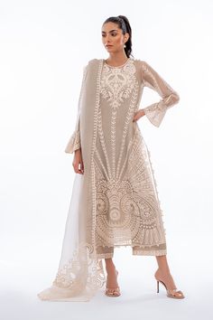 Layan (A) Unstitched Off-white Kurta With Sheer Dupatta, Unstitched Off White Kurta With Sheer Dupatta, Elegant Off White Traditional Wear With Sheer Dupatta, Elegant Off-white Salwar Kameez With Straight Kurta, Cream Salwar Kameez With Sheer Dupatta For Reception, White Tissue Silk Kurta With Sheer Dupatta, Elegant Long Sleeve Anarkali Set With Lace Work, Cream Georgette Kurta With Sheer Dupatta, Unstitched Off White Dresses With Sheer Dupatta