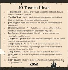 the ten tavern ideas are displayed in an old fashioned style paper with black writing on it