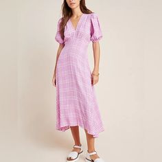 New With Tags Mauve V-neck Midi Dress For Spring, Feminine Lavender V-neck Midi Dress, Chic Purple Short Sleeve Midi Dress, Feminine Purple Short Sleeve Midi Dress, Summer Purple Midi Dress, Spring Mauve Midi Dress, Purple Summer Midi Dress For Brunch, Mauve Knee-length Midi Dress For Summer, Chic Lavender V-neck Midi Dress