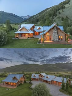 two views of a house in the mountains at dusk and after sunset, one shows an open floor plan