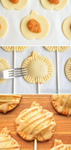 the process of making mini pies with icing on them and then drizzled