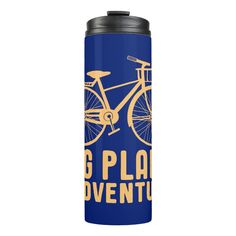 a blue water bottle with the words g plan adventure printed on it and a yellow bicycle