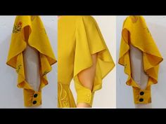 three different views of a woman's yellow dress