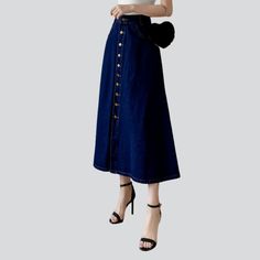 Redefine '90s trendy with our unique stonewashed, long, high-rise denim skirt from the 2023 Spring-Summer Collection!Why You'll Fall In Love: Iconic Throwback: Enjoy a blast from the past with this denim skirt, a perfect combination of ageless and trendy. Vintage Style: Its long, high-waisted fit and stonewashed finish exude old-world charm. Comfortable & Versatile: Whether you're out for a stroll or dancing the night away, you'll be sure to stay unfussy in this denim skirt. Timeless Appeal: Its High Rise Denim Skirt, Flared Denim Skirt, Denim Skirts Online, Denim Button Skirt, Womens Denim Skirts, Dark Blue Color, High Rise Denim, Denim Flares, Everyday Wardrobe