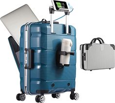 two pieces of luggage with an electronic device attached to the handle and one piece of luggage on wheels