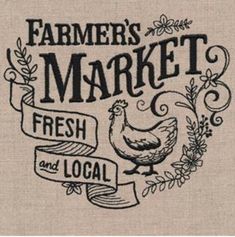 farmer's market fresh and local logo on burlap with rooster in center