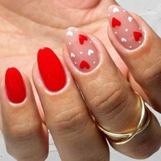 medium length almond shape nails with red heart designs. Fluffy Nails, Vday Nails, Heart Nail Designs, Red Valentine, Valentines Makeup, Her Nails, Heart Nails