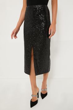 Black Sequin Caterina Midi Skirt Cocktail Skirt, Cocktail Skirts, New Years Look, Black Sequin Skirt, Sequin Pencil Skirt, Holiday Party Fashion, Holiday Party Outfit, Evening Outfits, Black Midi Skirt