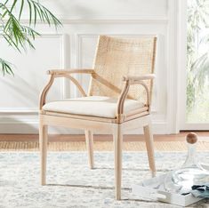 a chair sitting on top of a rug next to a potted plant and window