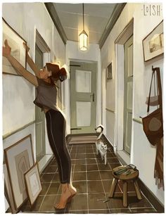 a painting of a woman standing in an empty hallway with her dog on the floor