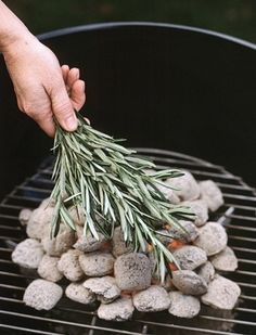 someone is cooking food on the grill with rocks and pine needles in front of them