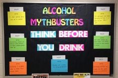 a bulletin board with words and notes on it that say alcohol, mymatbusters, think before you drink