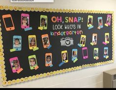 a blackboard with pictures of children's cell phones on it that says, oh snap look who's in kindergarten