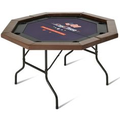 a black table with a brown top and two orange numbers on the side, in front of a white background