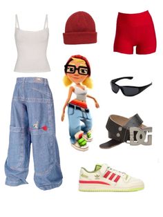 an assortment of clothing and accessories including shoes, hats, sunglasses, shorts, headbands