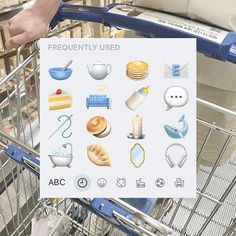 a person is holding a shopping cart with items in it that are labeled frequently used