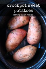 four sweet potatoes in an instant pot with text overlay that reads crockpot sweet potatoes family fresh meals