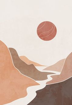 an abstract painting with mountains and a red ball in the sky above it on a beige background