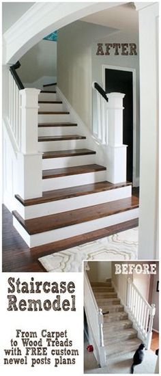 staircase remodel before and after with carpeted stairs painted in white, brown and black