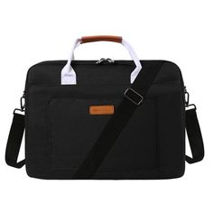 a black and white laptop bag with brown straps on the front, one shoulder strap is attached