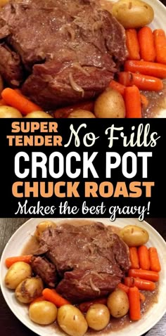 Chuck Roast Crock Pot Recipe - This is THE best slow cooker chuck roast EVER! Only 4 ingredients to dump and go in your crockpot for a cut-with-a-fork tender crockpot pot roast and the best gravy! Make ahead simple crock pot family meals best cheap dinners for a family on a budget! Crockpot Beef Chuck Roast Recipes, Crock Pot Family Meals, Beef Chuck Roast Recipes, Slow Cooker Chuck Roast, Crock Pot Pot Roast, Crock Pot Chuck Roast, Christmas Crockpot