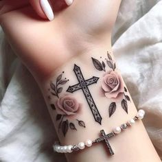 Rose And Cross Tattoos, Pretty Cross Tattoo, Best Hand Tattoos, Delicate Tattoos For Women, Cross Tattoos For Women, Cute Hand Tattoos, Beautiful Tattoos For Women, Pretty Hand Tattoos, Tattoo Quotes For Women