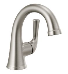 the delta faucet is shown in brushed stainless steel, and features an angled spout