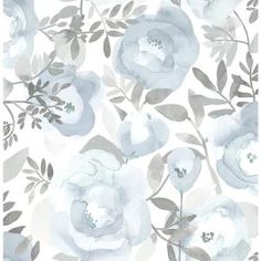 a white and gray flowered wallpaper with leaves