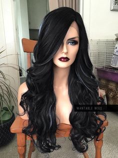 $91 -- Cool black lace front wig. 22" Long, curly, heat safe, and custom-styled by yours truly. FREE SHIPPING & EASY RETURNS! Length 23" in back; 30" in front; 8" side bangs Material 400 Degree Heat-Resistant Futura Fiber Lace 1/2" Deep French Lace Lace Color Light Brown Parting 5" Hand-Tied Skin/Lace Parting Style Wand Curls Combs 2 in front; 1 in back Baby Hair along back's perimeter Color BLACK (#1b off black or #1 jet black) Curly Black Wig, Black Lace Wig, Old Hollywood Hair, Black Curly Wig, Hollywood Hair, Long Bangs, Wedding Hair Clips, Side Bangs, Black Wig