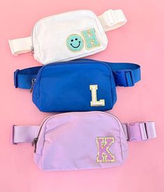 Our cute nylon fanny packs are perfect for every girl any age  We have so many fun colors and patches to choose; the bags are customizable and fit around 3 letters depending on letter shape, if you're not sure I am happy to help and measure for you. Our patches are sewn on! Bag size: 5.5"x8.5"  Patches are permanently glued to the backpack. After dried and cured, they are SEWN ON! to ensure they will stay forever :) IMPORTANT: each patch counts as one, Letters are also considered patches Chenille Patches, Chenille Patch, Stay Forever, Hip Bag, Custom Bags, Waist Bag, Every Girl, Belt Bag, Fanny Pack