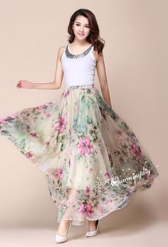 32 Colors Green Flowers Chiffon Skirt Long Maxi Sundress Beachdress Holiday Dress Women Summer Pleat Dress Beach Skirt Plus Size Dresses YM019 Detail Info: ❤ Color: as picture More color choice, https://www.etsy.com/listing/213656440/chiffon-dress-color-card?ref=shop_home_feat_1 ❤ Material: Chiffon Waist 60-100cm, Please choose the length according to your height! ❤ Care: machine wash cold and gentle, tumble low, line to dry; recommend laundry bag, it will help you to own a piece as new in a lon Green A-line Chiffon Summer Dress, A-line Chiffon Dress For Vacation, Pink Bohemian Chiffon Dress For Summer, Green A-line Chiffon Dress For Summer, Bohemian Pink Chiffon Dress For Summer, Green Chiffon A-line Summer Dress, Spring Bohemian Sleeveless Chiffon Dress, Casual Chiffon Dress For Summer, Green Chiffon Beach Dress For Spring