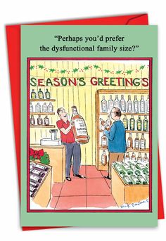 a greeting card with an image of two men in a store, one is holding a bottle