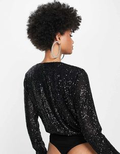 Top by ASOS DESIGN A silhouette serve Plunge, wrap front Long sleeves Thong cut Regular fit V-neck Bodysuit For Evening Party Season, Elegant Surplice Neckline Blouse For Party, Wrap Bodysuit, Black Sequins, Black Fashion, Camisole Top, Sequin, Asos, Long Sleeves