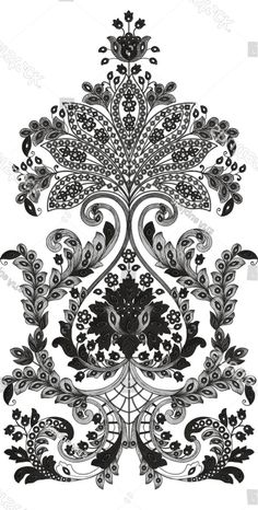 an ornate black and white design with flowers, leaves and swirls on a white background