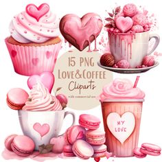 some pink cupcakes and coffee cups with hearts on them