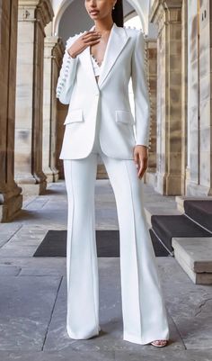 White Bra Top, Lulus White Dress, White Suit, White Trousers, White Bras, Single Button Blazer, Blazer Designs, Bell Bottom Pants, Satin Material