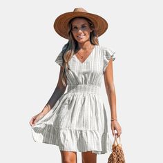 Flaunt your playful side in our Striped V-Neck Ruffled Mini Dress! Featuring chic stripes and charming ruffles, this dress is a perfect blend of casual and chic, ideal for sunny outings and carefree adventures all season long. Whether you're attending a brunch with friends or a special evening event, this dress will ensure you stand out with style and sophistication. Product code: CAA05A4E062CS Mini Beach Dress, Ruffled Mini Dress, Maxi Bodycon Dress, Shirt Dress Summer, Beach Mini Dress, Midi Shift Dress, Mini Skater Dress, Ruffle Mini Dress, Neck Ruffle