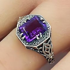 Vintage Vivid Purple Lab-Created Amethyst In 925 Solid Sterling Silver Solitaire Ring. Stamped 925. Excellent Condition, Satisfaction Guaranteed! Vintage Sterling Silver Gemstones For Gift, Purple Amethyst Ring With Intricate Design, Ornate Amethyst Gemstone Jewelry, Classic Purple Ring As Gift, Classic Purple Rings As Gift, Sterling Silver Purple Jewelry With Intricate Design, Purple Sterling Silver Filigree Jewelry, Purple Sterling Silver Jewelry With Intricate Design, Ornate Sterling Silver Purple Jewelry