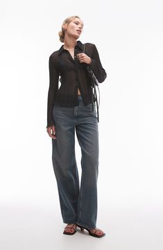 Feel the polish and charm of this sheer chiffon shirt textured in fine allover pleats. Front button closure Spread collar Long sleeves Sheer; base layer shown not included 100% polyester Machine wash, line dry Imported Sheer T Shirt Outfit, Sheer Top Styling, Sheer Black Button Up, Sheer Blouse Outfit, Sheer Shirt Outfits, Fall 24, Sheer Shirt, Tshirt Outfits, Sheer Chiffon