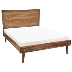 a bed with wooden headboard and foot board on top of white sheeted mattress