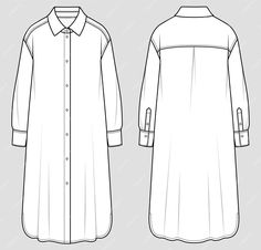 Shirt Dress Sketch, Kurta Flat Sketch, Shirt Dress Flat Sketch, Dress Flat Sketch, High Low Shirt Dress, Placket Design, Stand Collar Shirt, Cad File