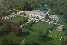 an artist's rendering of a large mansion with tennis courts in the foreground