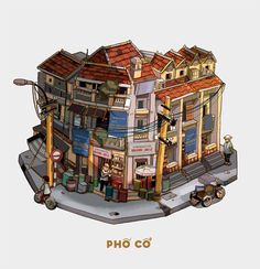 an animated image of a building with lots of stuff on the front and side of it