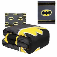 batman bedding set with black and yellow sheets, pillowcases and duvet