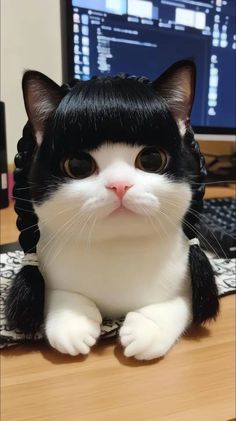 a black and white cat sitting on top of a desk