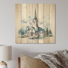 a painting on wood with a church in the background